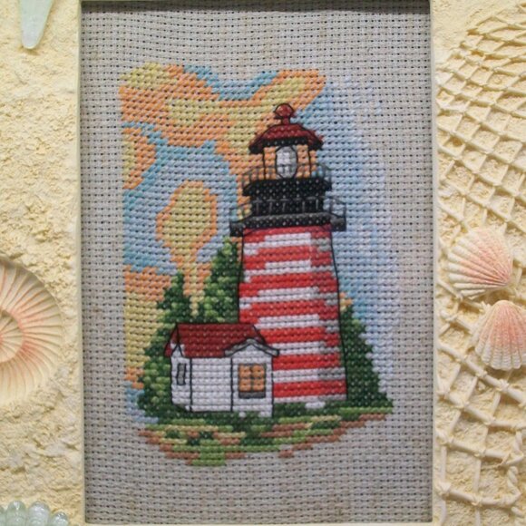 Cross Stitch Red White Stripe Lighthouse Scene in Seashell Frame - Picture 5 of 5